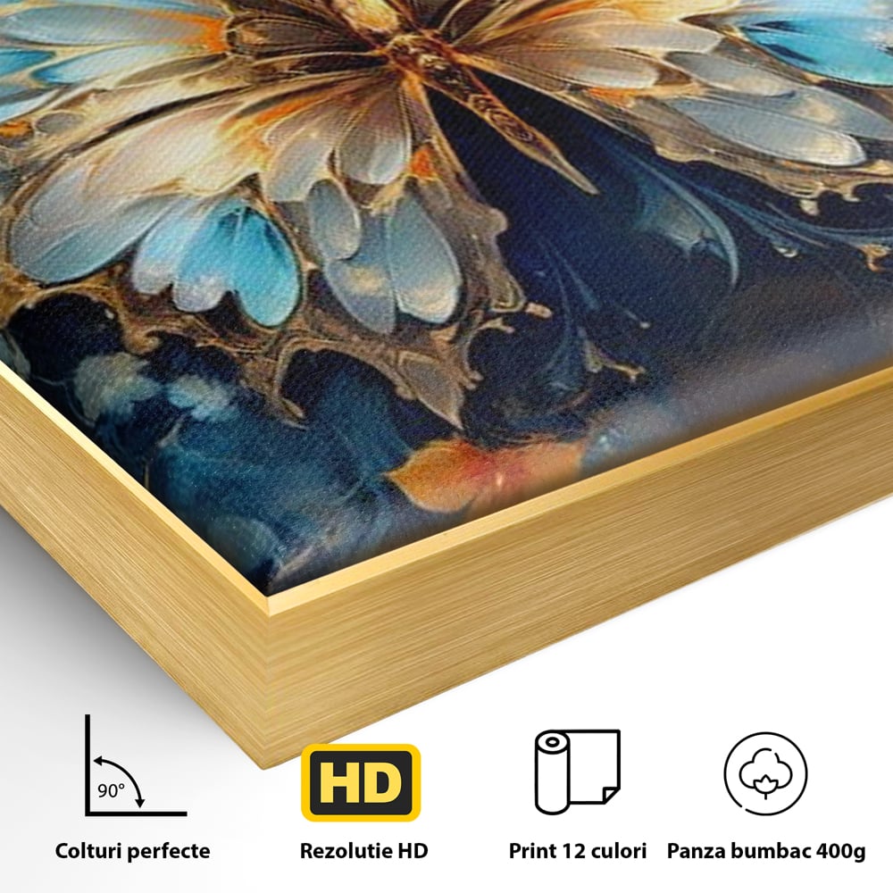 Detaliu al suprafetei: tablou canvas cu fluture si flori, in rama de aluminiu auriu